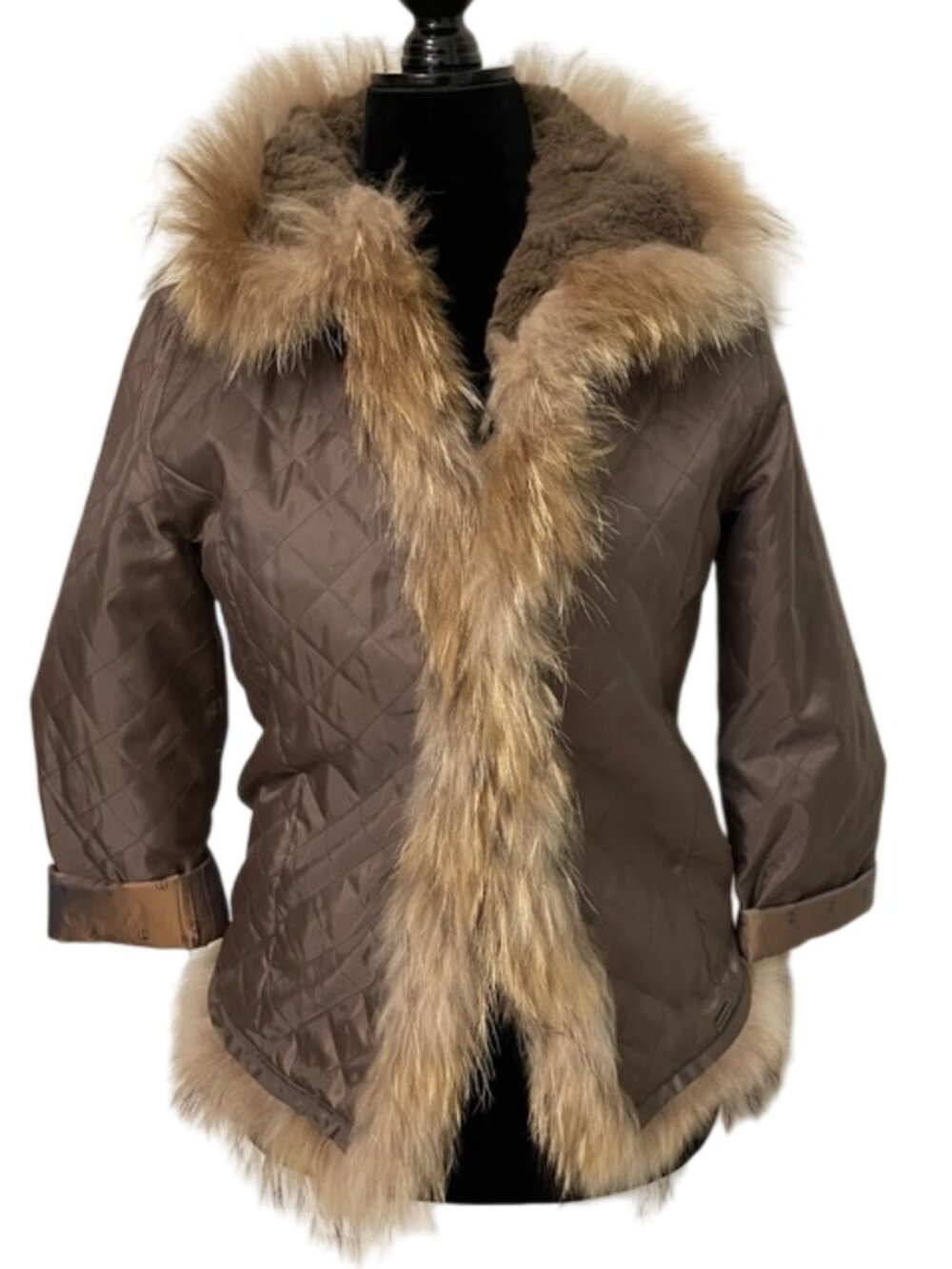 DISMERO Womens Small Brown Quilted Jacket Real Raccoon Fur Rabbit Fur Trim Coat